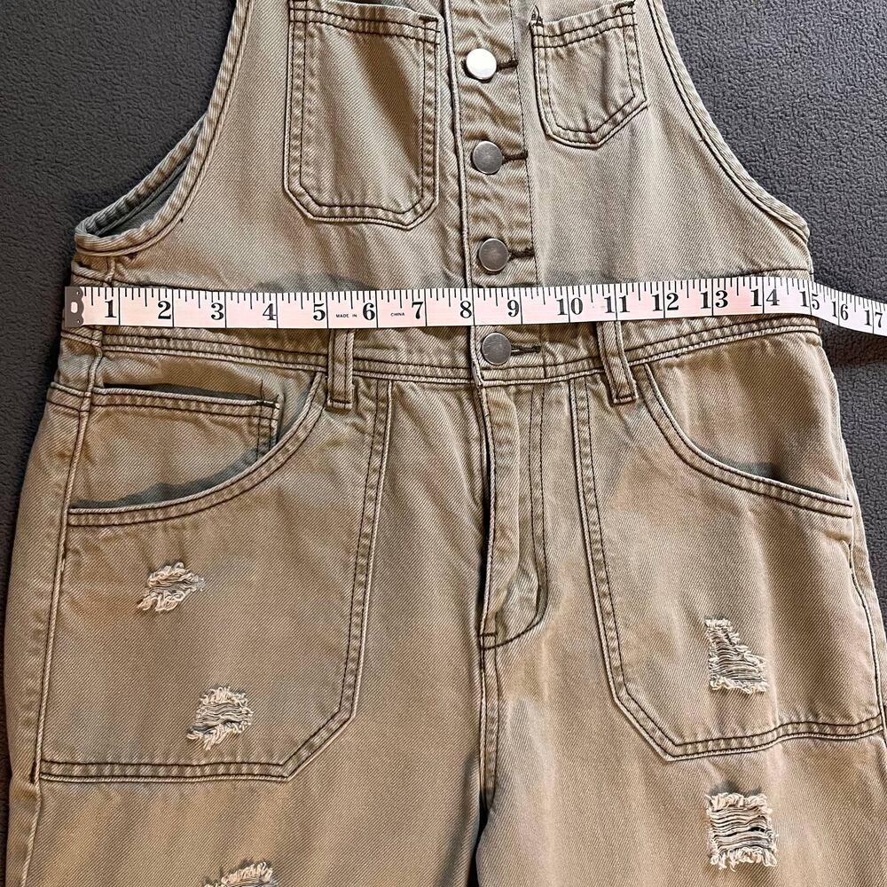 Easel Overalls Womens Small Olive Green Denim Distressed Jumpsuit Lagenlook Boho - Picture 9 of 11